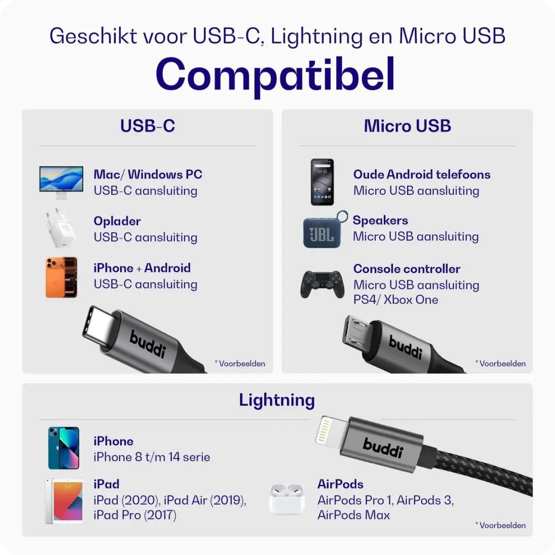 Buddi Flex 3-in-1 USB-C Kabel 1.5M - Zwart