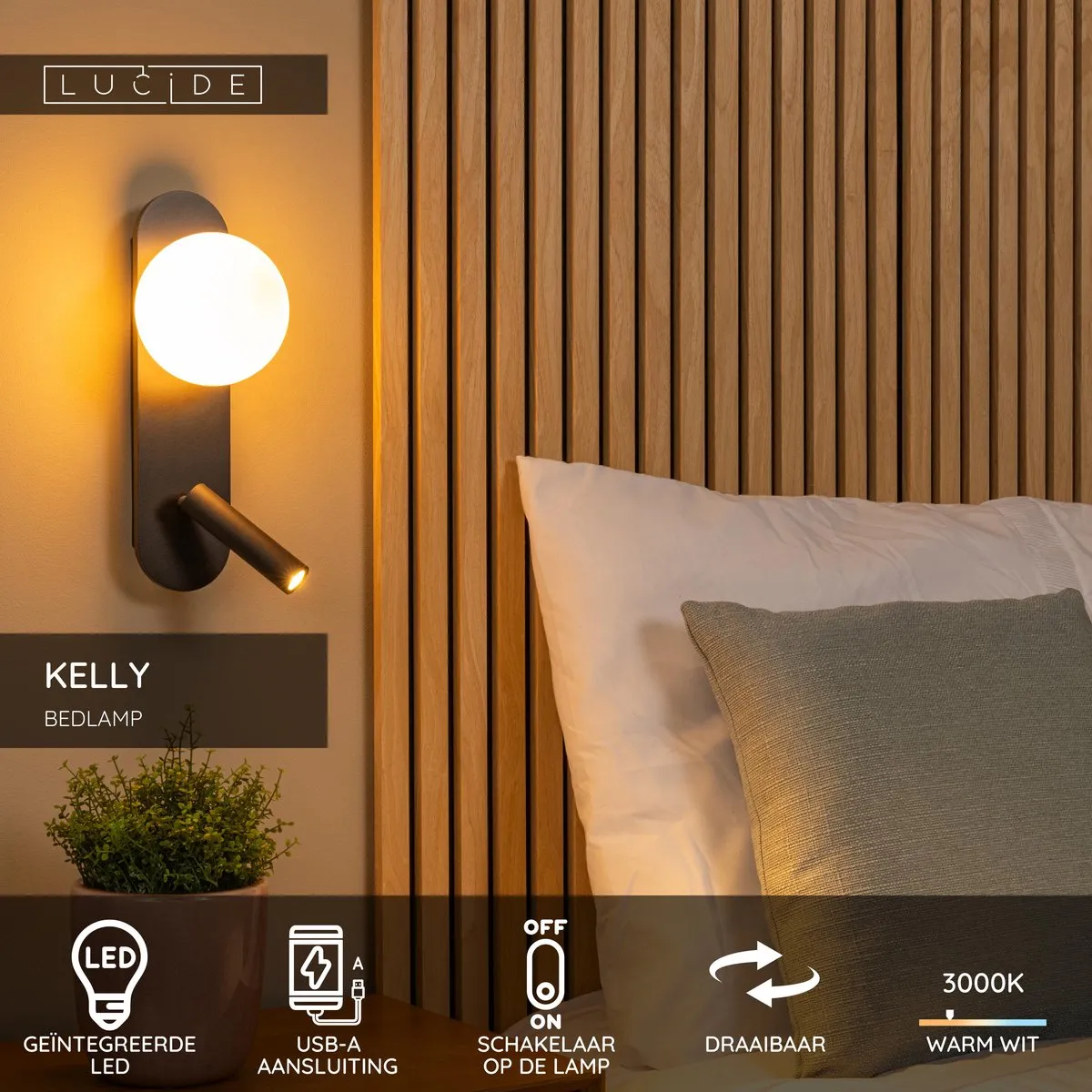 Lucide Kelly LED Bedlamp Wandlamp 3,5W 3000K - Zwart