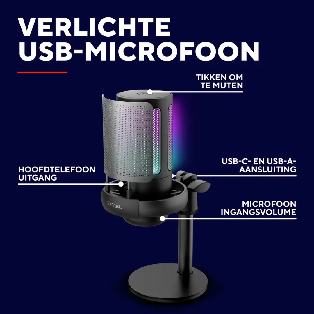 Trust GXT 238 Auron USB Microfoon - Cardioïde - RGB Zwart