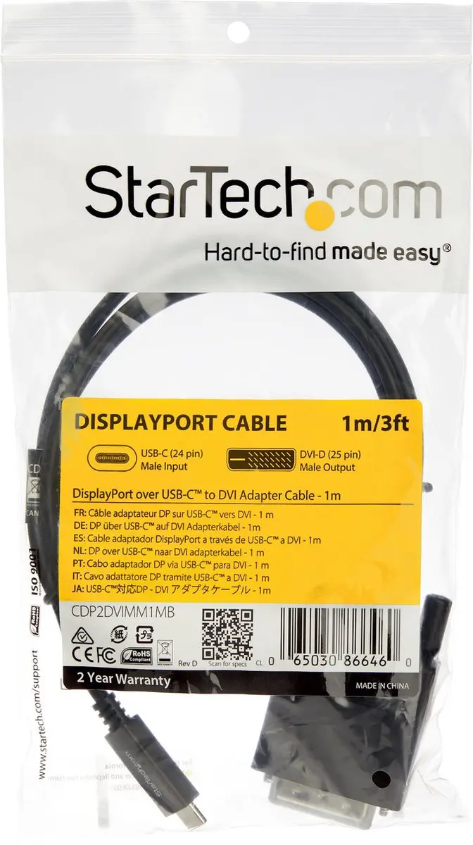 Startech USB-C naar DVI Adapterkabel 1m - 1920x1200 - Zwart