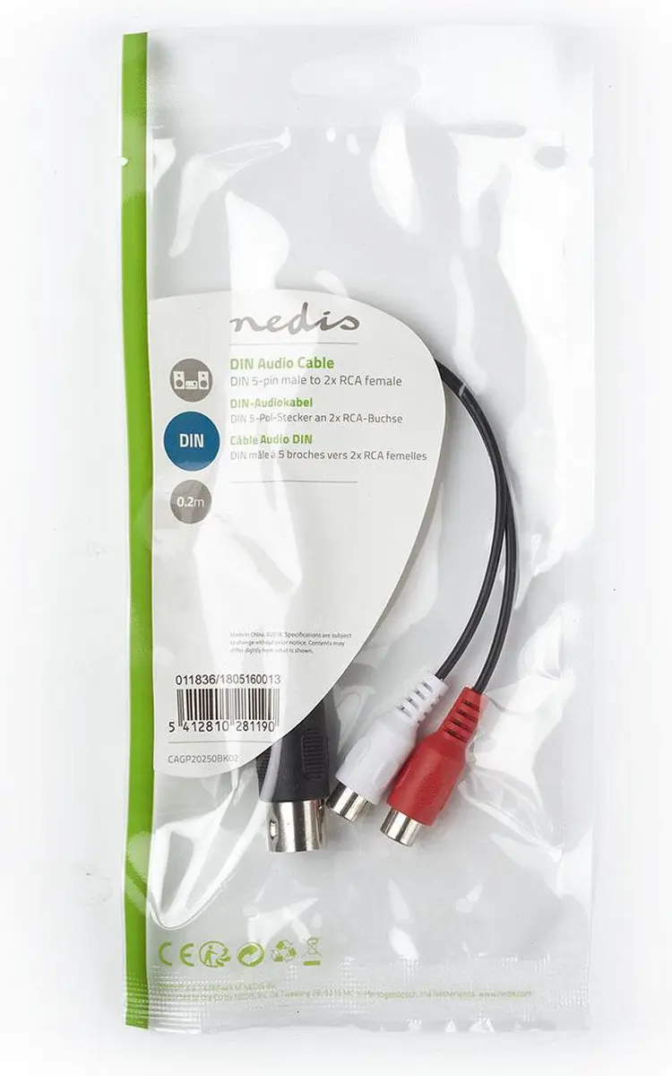 Nedis DIN-Audiokabel CAGP20250BK02 - 2x RCA - 0,20m - Zwart