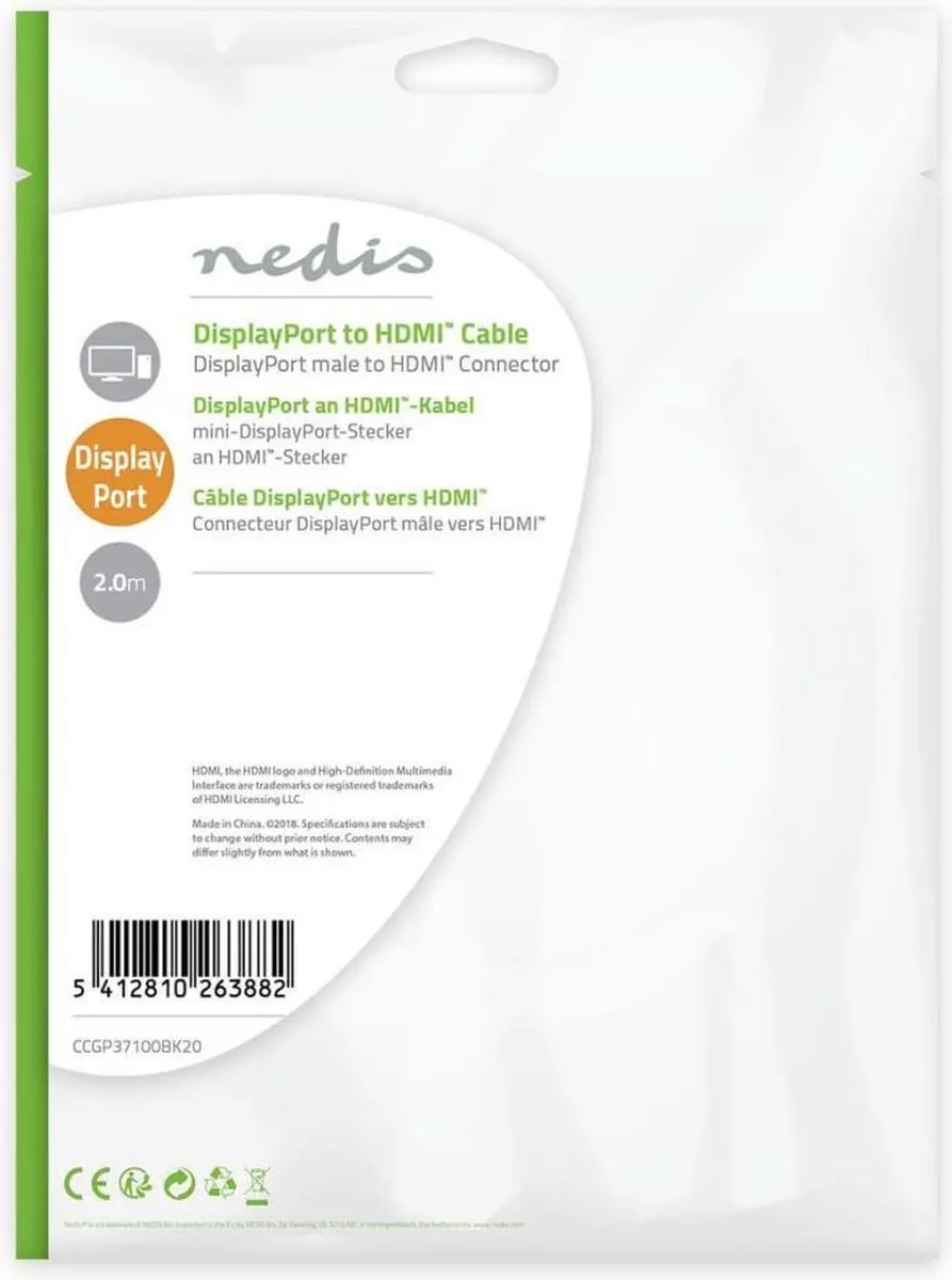 Nedis DisplayPort-HDMI Kabel CCGP37100BK20 - 2m - Zwart