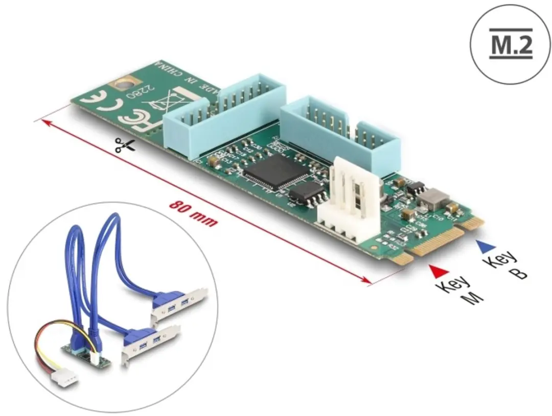 Delock M.2 Key B+M naar 4x USB 5Gbps Type-A