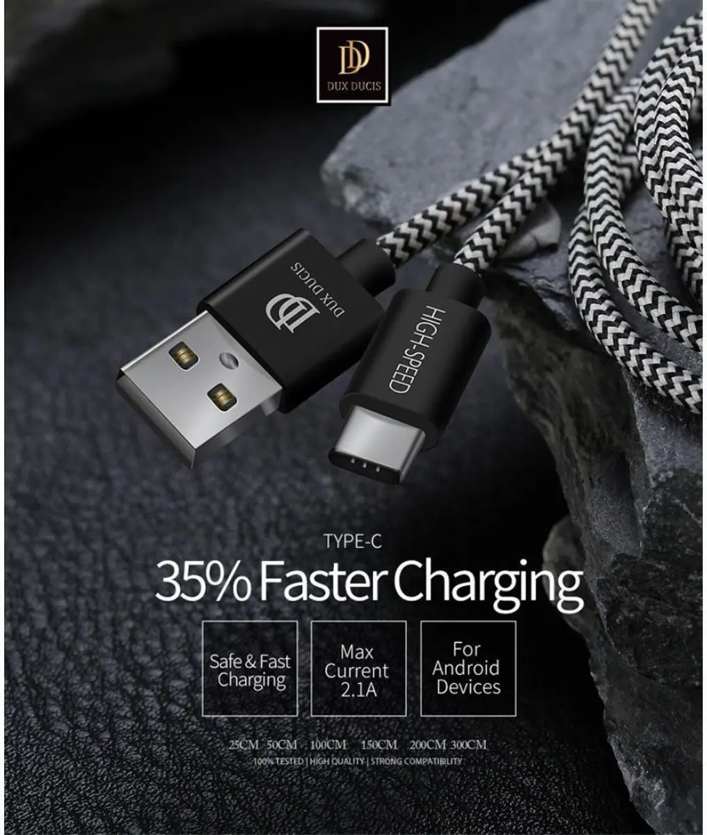 Dux Ducis 2.1A USB-A naar USB-C Kabelset 3 Stuks - 0.25m/1m/2m - Zwart/Wit - afbeelding 6 van 6