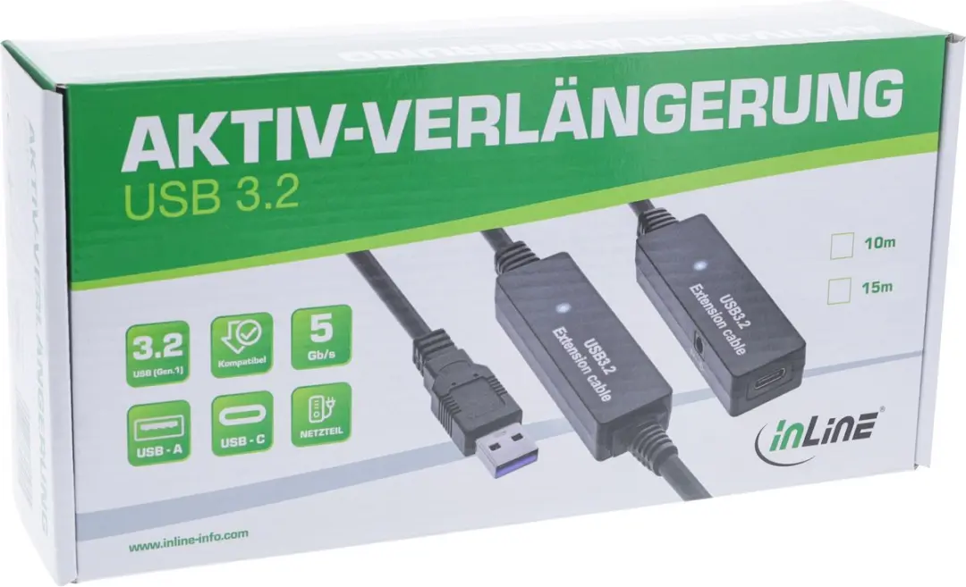 InLine USB-A naar USB-C Actieve Verlengkabel 5Gbps 15m - Zwart