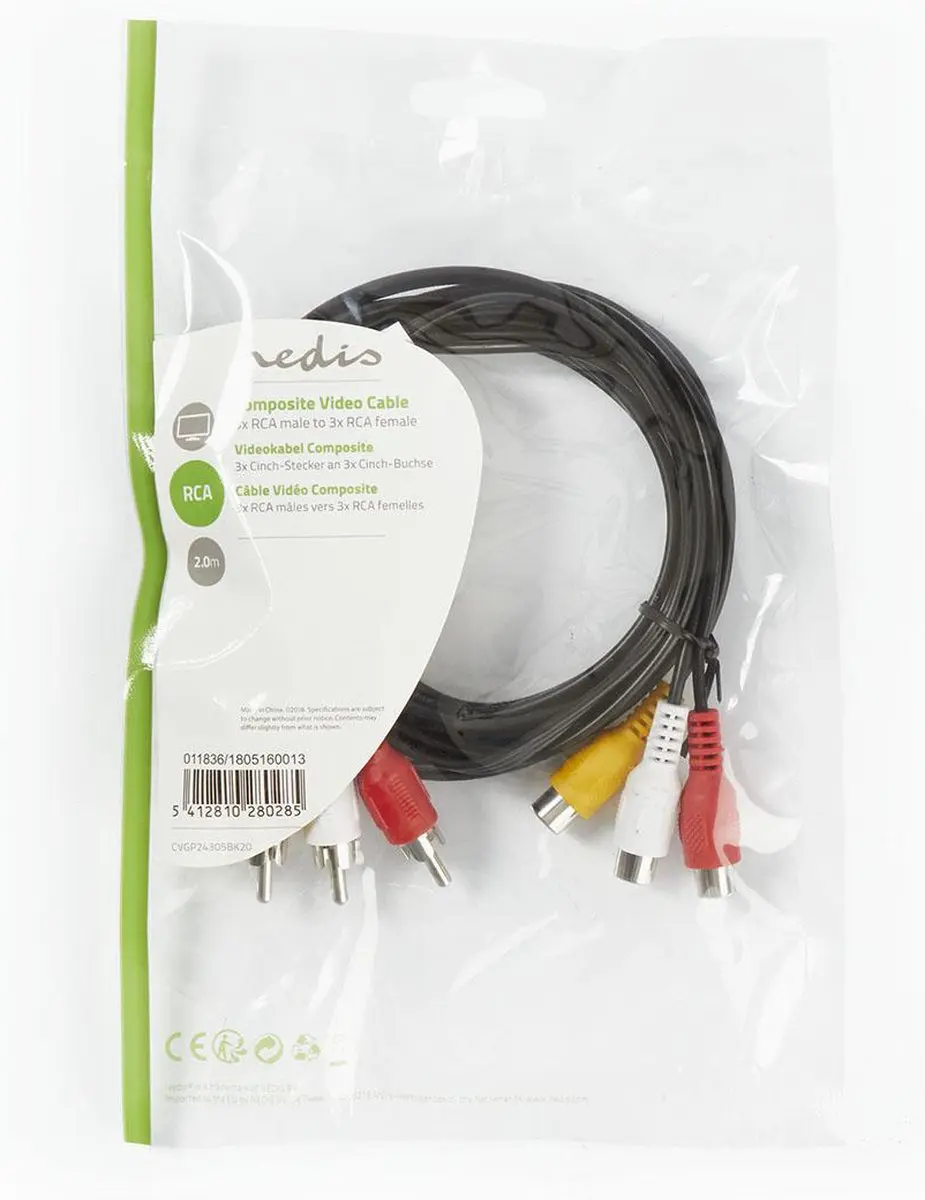 Nedis Composiet Videokabel CVGL24305BK20 - 2m - 3xRCA - Zwart