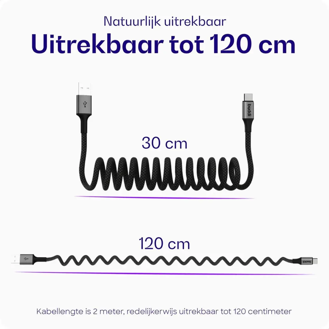 Buddi Flex USB-A naar USB-C Krulkabel 2m - 12W Fast Charge - 480Mbps - Zwart