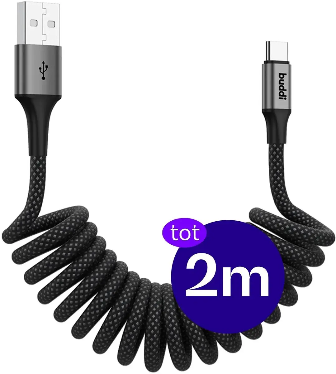 Buddi Flex USB-A naar USB-C Krulkabel 2m