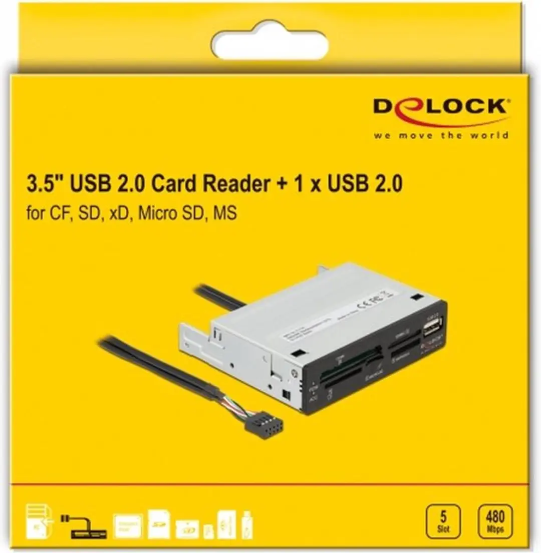 Delock 3.5" USB 2.0 Kaartlezer 5 Slot + USB 2.0 Type-A - Zwart/Grijs