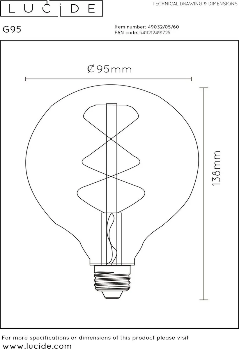 Lucide G95 LED Filamentlamp 4,9W 2700K - Ø9,5cm - E27 - Transparant