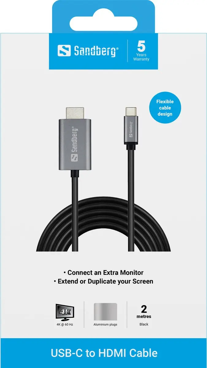 Sandberg 136-21 USB-C naar HDMI Kabel 2m - Zilver