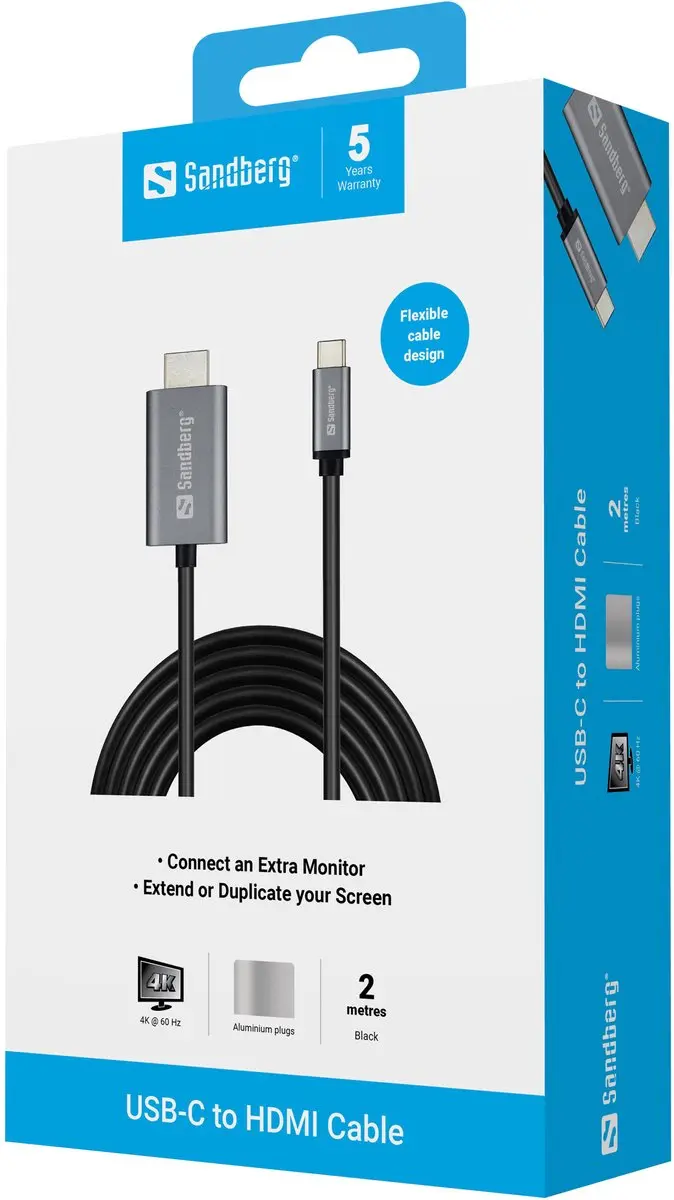 Sandberg 136-21 USB-C naar HDMI Kabel 2m - Zilver