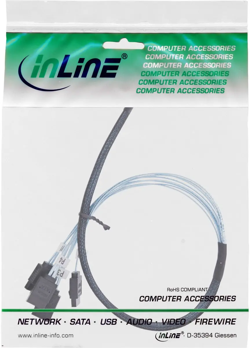 InLine Slim SAS-kabel SFF-8654 naar 4x SATA 12Gb/s 0,5m - Zwart