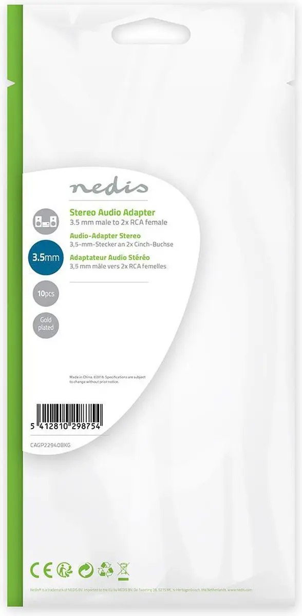 Nedis CAGP22940BKG Stereo-Audioadapter 3,5mm naar 2x RCA - 10 Stuks