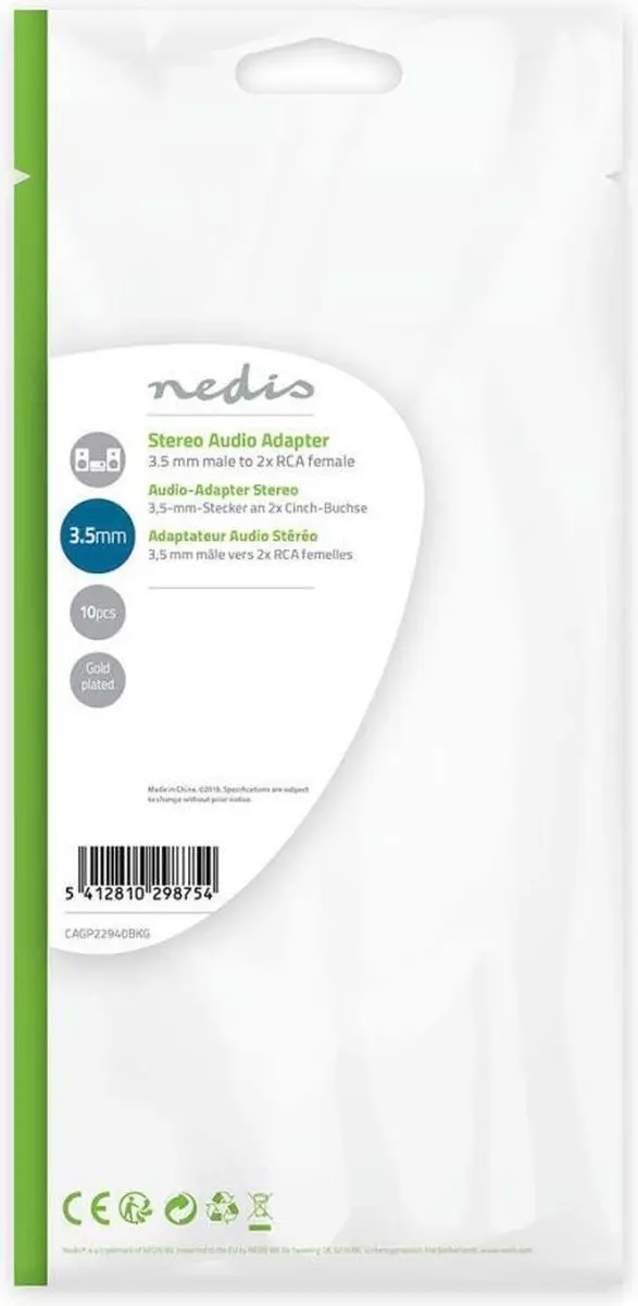 Nedis CAGP22940BKG Stereo-Audioadapter 3,5mm naar 2x RCA - 10 Stuks - afbeelding 6 van 6