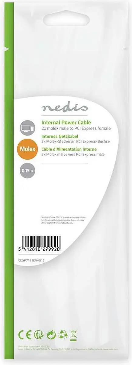 Nedis CCGP74210VA015 Voedingskabel - 2x Molex Male - PCIe Female - 20cm - Geel/Zwart