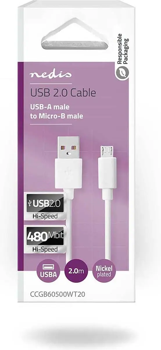 Nedis USB 2.0 Kabel A-MicroB 2m - Wit