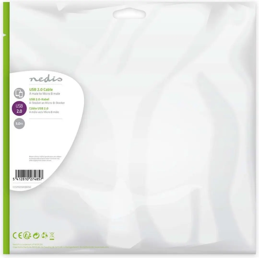 Nedis USB 2.0 Kabel A-MicroB 5m - 9W 480Mbps - Zwart