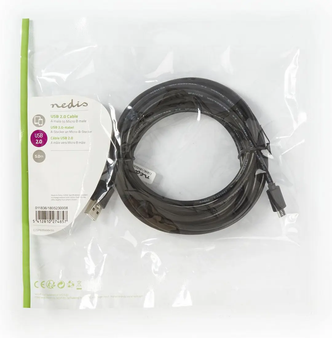 Nedis USB 2.0 Kabel A-MicroB 5m - 9W 480Mbps - Zwart