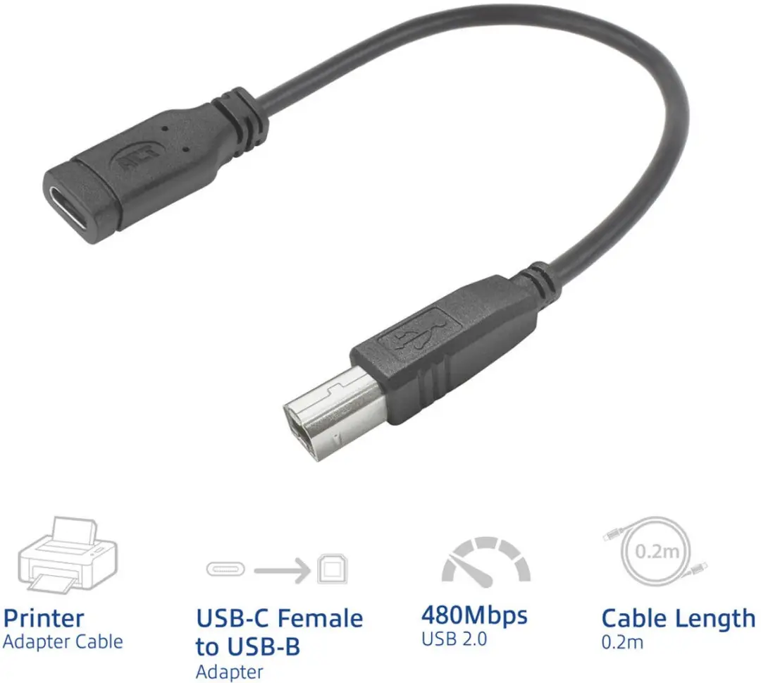 ACT AC7462 USB Type-C naar USB-B 2.0 Printerkabel 0,2m - Zwart