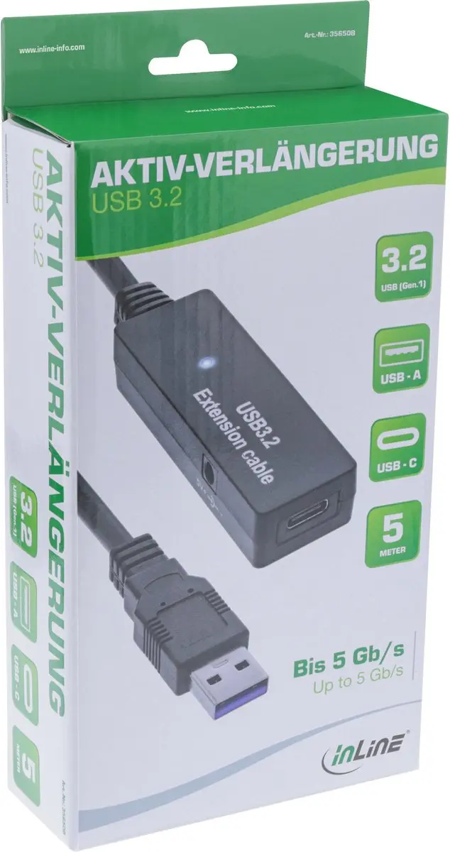 InLine USB-A naar USB-C Actieve Verlengkabel 5m - USB 3.0 5Gbps - Zwart