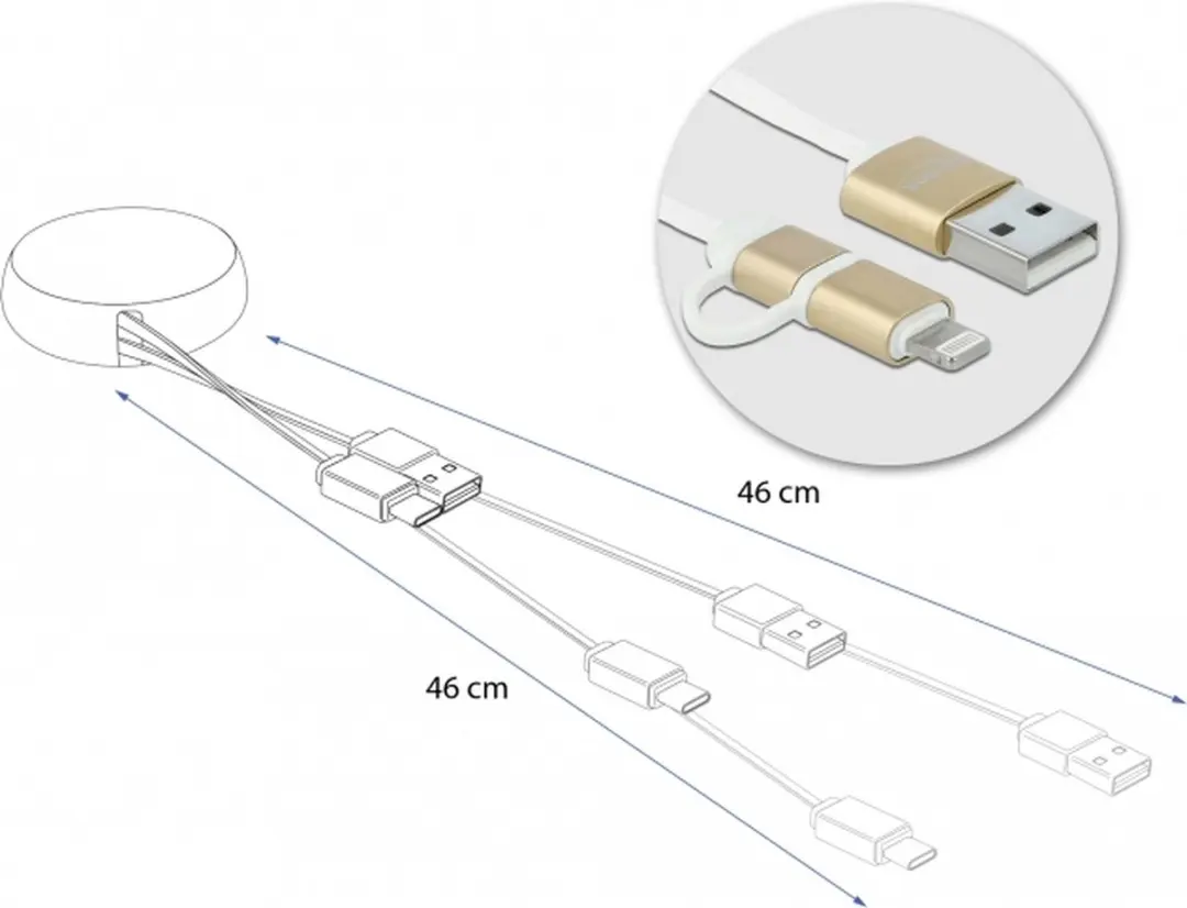 Delock USB 2.0 Retractable Kabel Type-A naar Micro-B & Lightning - Wit/Goud