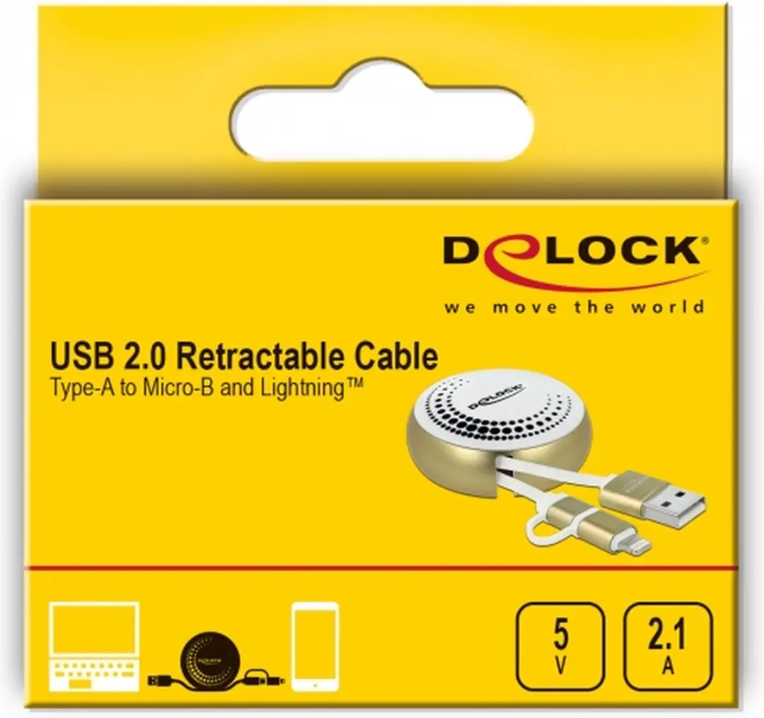 Delock USB 2.0 Retractable Kabel Type-A naar Micro-B & Lightning - Wit/Goud