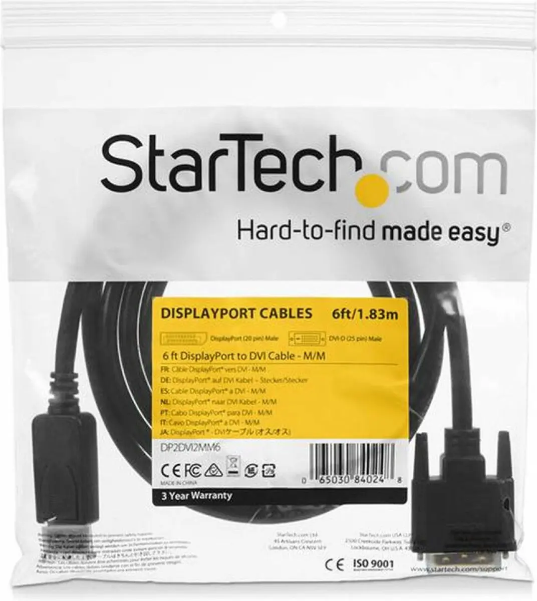 Startech DP2DVI2MM6 DisplayPort naar DVI Kabel - 1,8m - Zwart