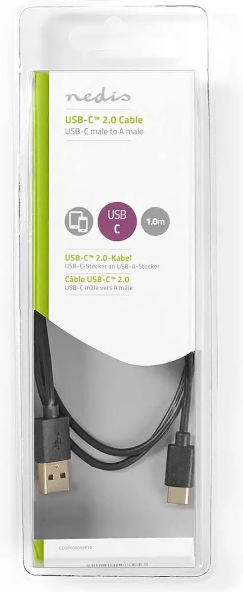 Nedis USB 2.0 USB-A naar USB-C Kabel 15W 480Mbps 1m - Zwart