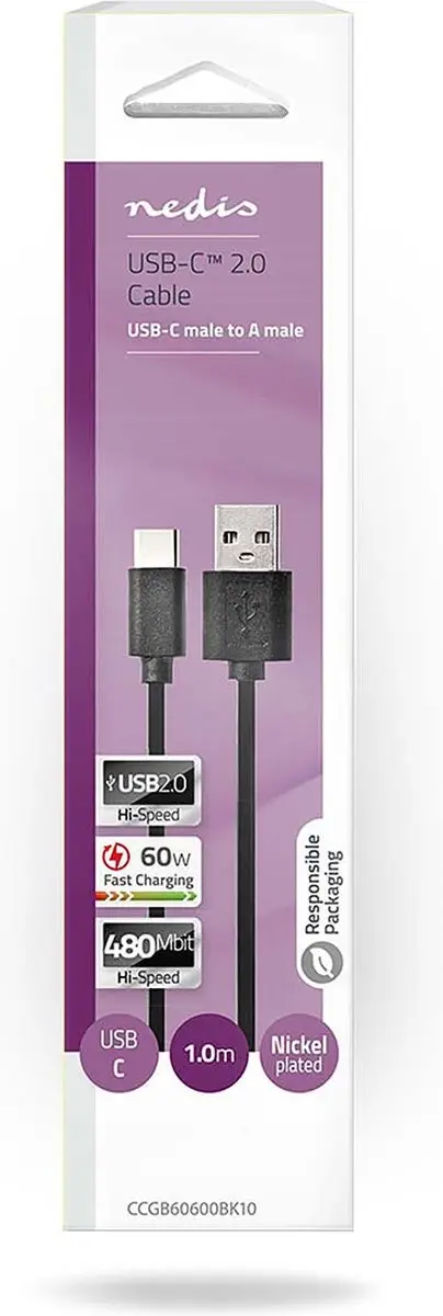 Nedis USB 2.0 USB-A naar USB-C Kabel 15W 480Mbps 1m - Zwart