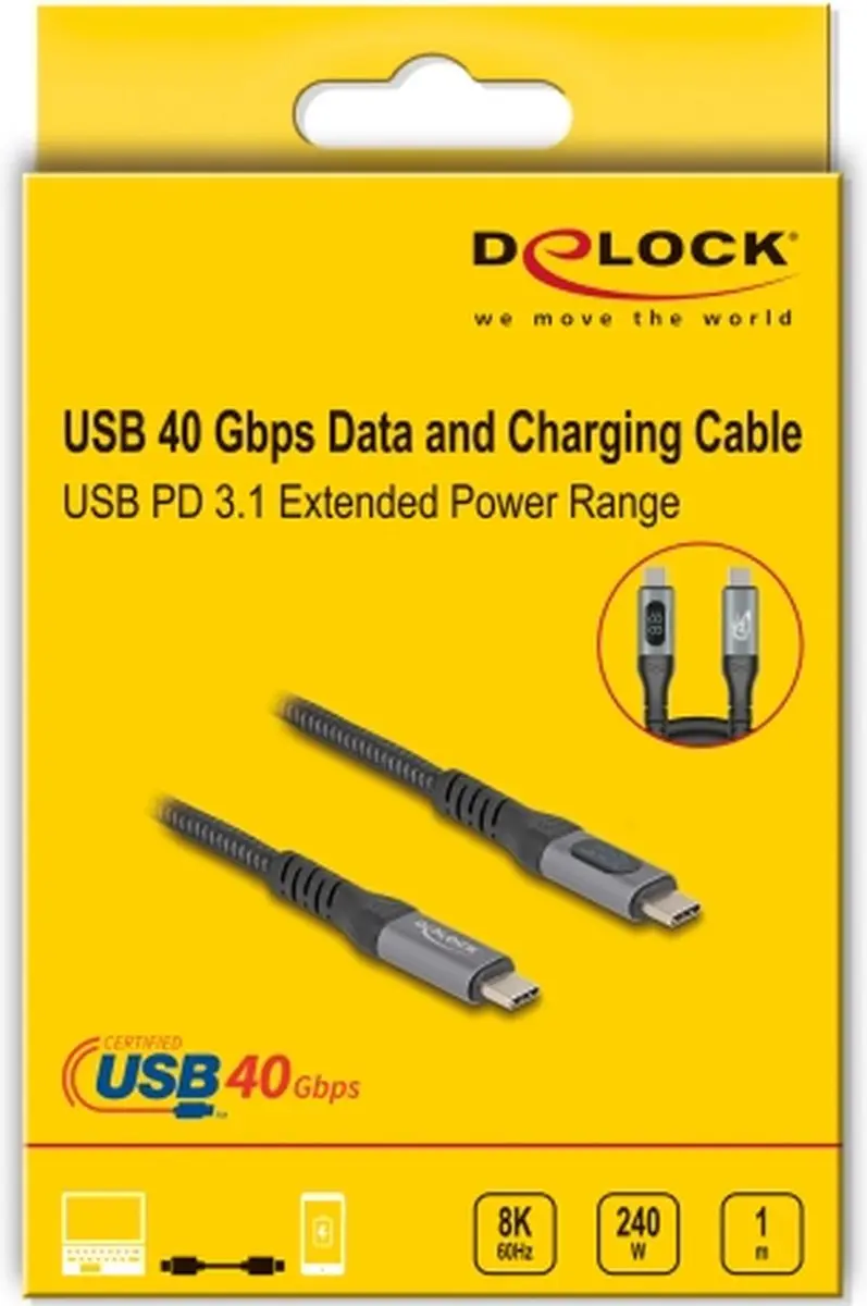 Delock USB 40Gbps Coax Kabel 1m - 8K 60Hz - USB PD 3.1 240W - Zwart