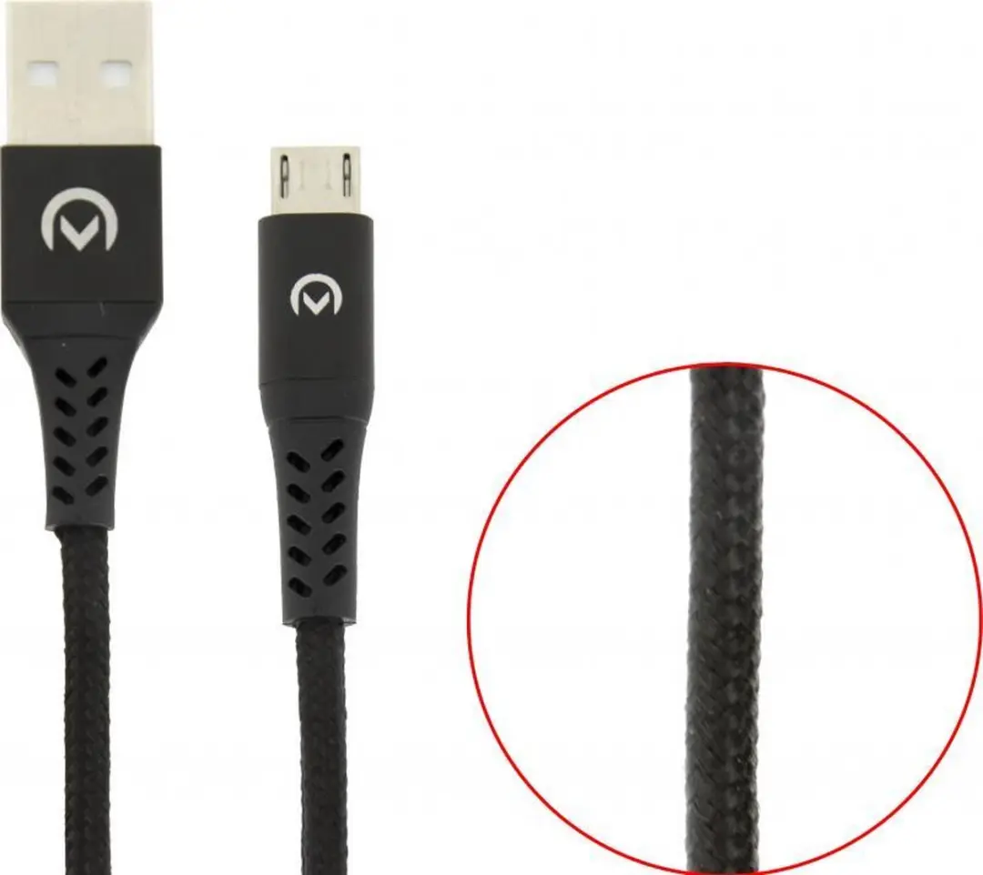 Mobilize Nylon USB 2.4A Micro USB Kabel 20cm - Zwart
