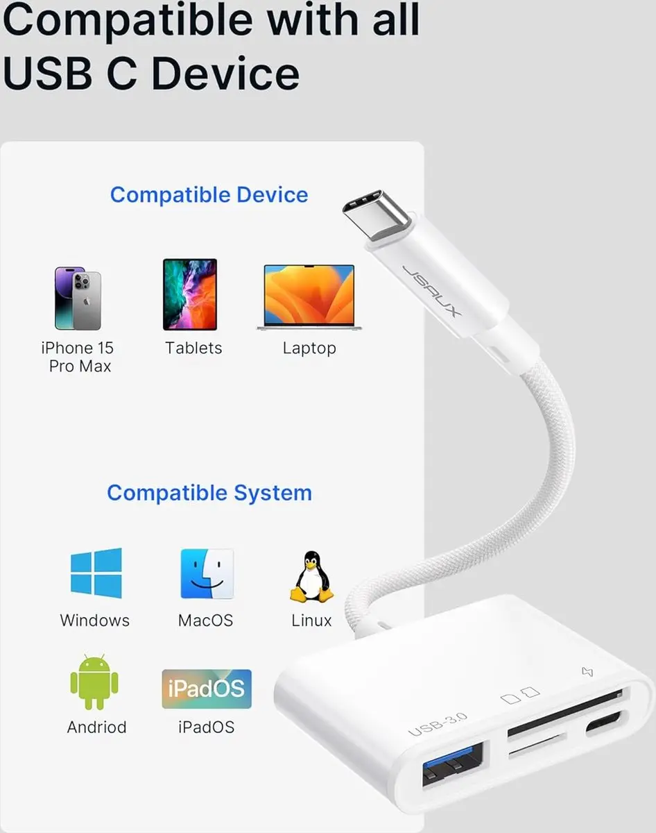 NÖRDIC CRD-058 USB C naar USB A Kaartlezer - SD/MicroSD - Wit