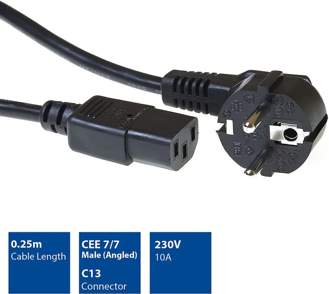 ACT AK5253 Netsnoer Schuko CEE 7/7 Haaks - 0,2m - Zwart