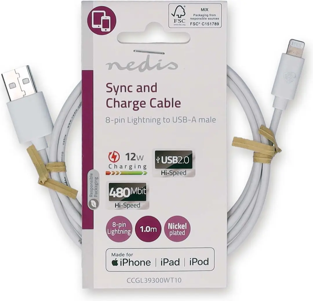 Nedis Lightning Kabel USB-A 1m - Wit