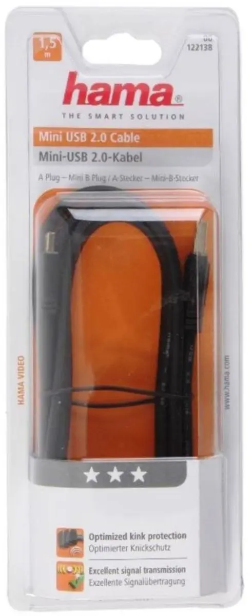 Hama USB Kabel A-Mini B 1.5m - 3Ster - Zwart
