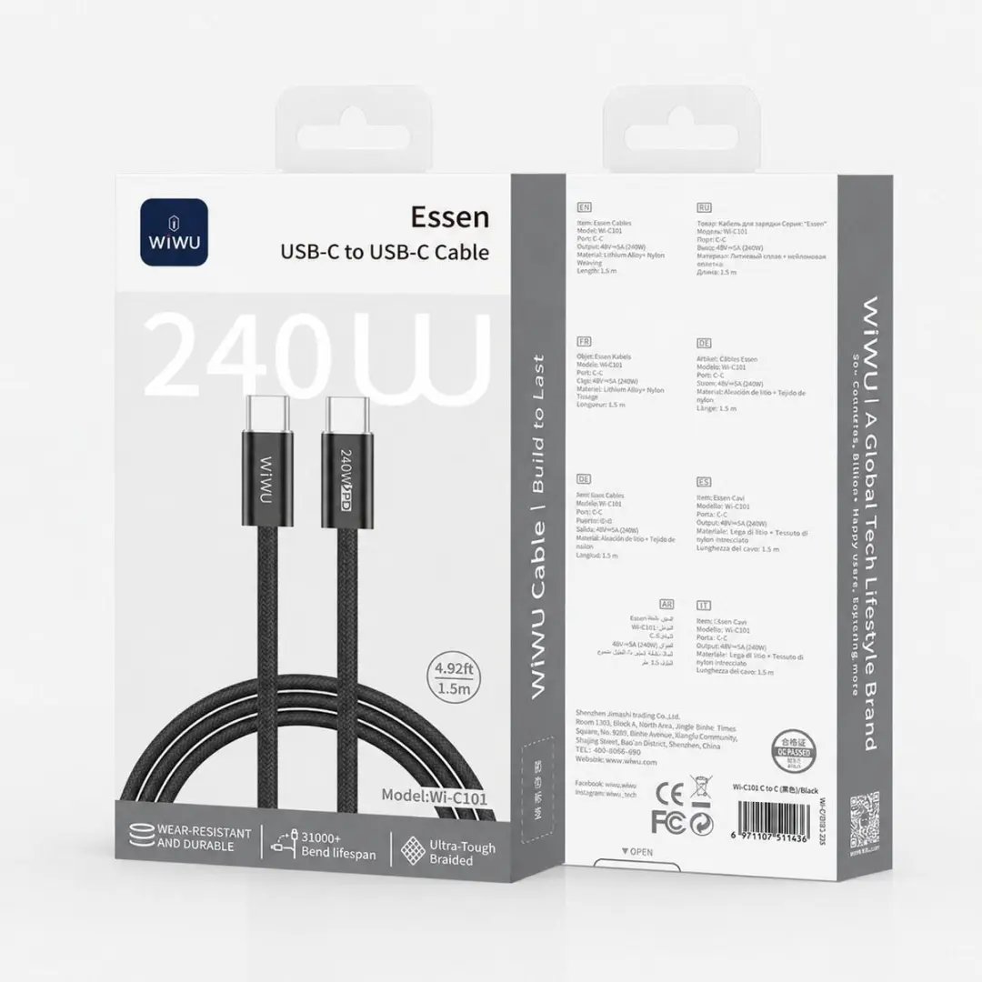 WiWu 240W USB-C Kabel 1.5m - Gevlochten Zwart