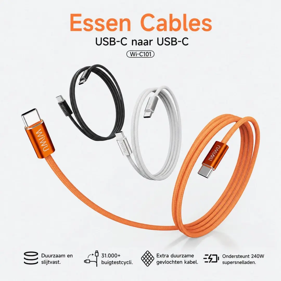 WiWu 240W USB-C Kabel 1.5m - Gevlochten Zwart