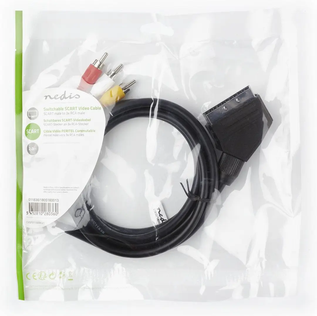 Nedis SCART Kabel CVGL31130BK20 - 2m - 3xRCA - Schakelbaar