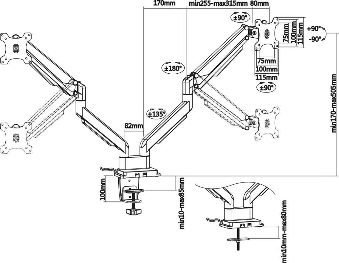 InLine Bureausteun Lifter USB/Audio 2 Monitoren 81cm - Zwart
