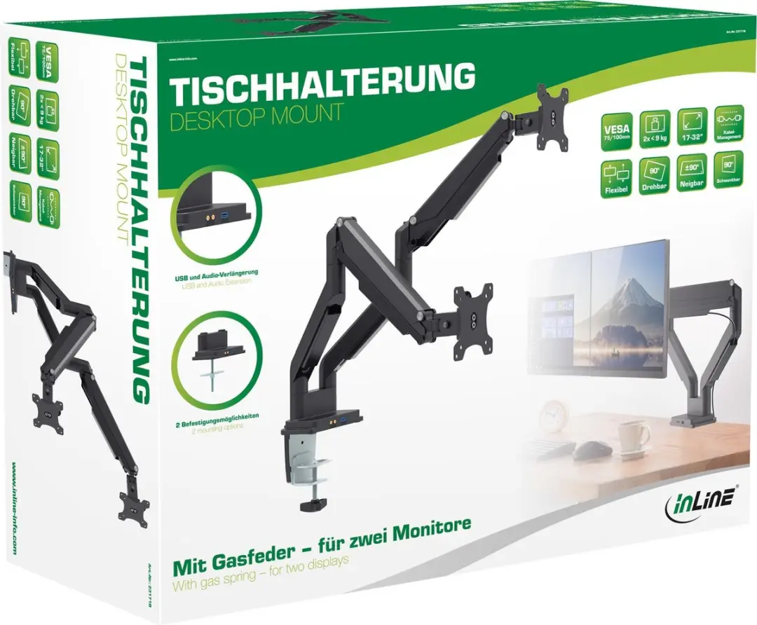 InLine Bureausteun Lifter USB/Audio 2 Monitoren 81cm - Zwart