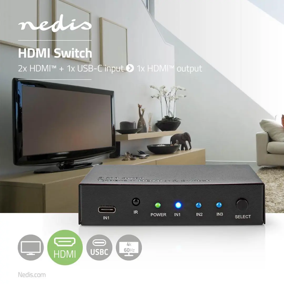 Nedis HDMI-Switch VSWI34721AT 3 Poorten - 4K@60Hz - Antraciet