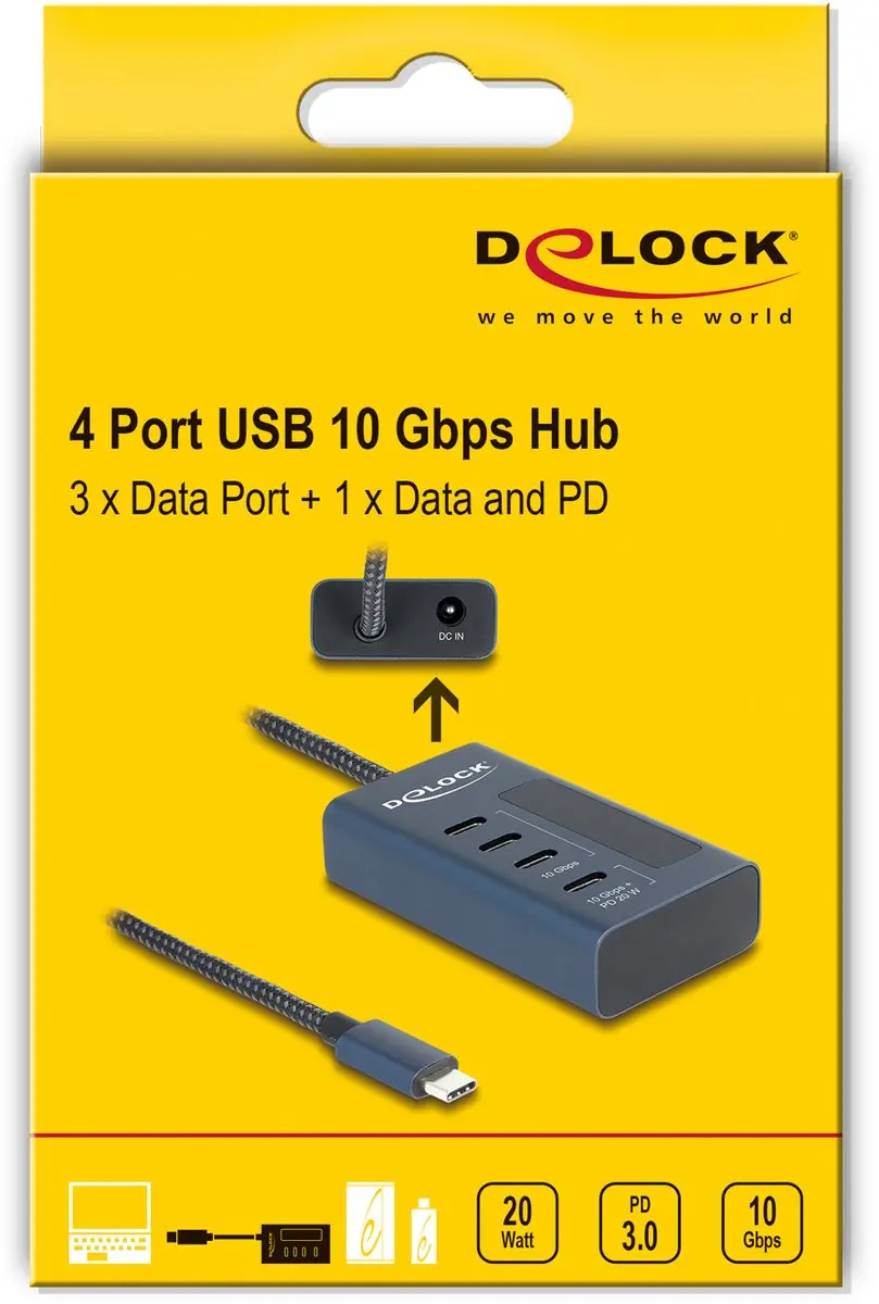 Delock USB 10Gbps Hub 4x USB-C - 3x Data + 1x Data & PD 20W - Blauw