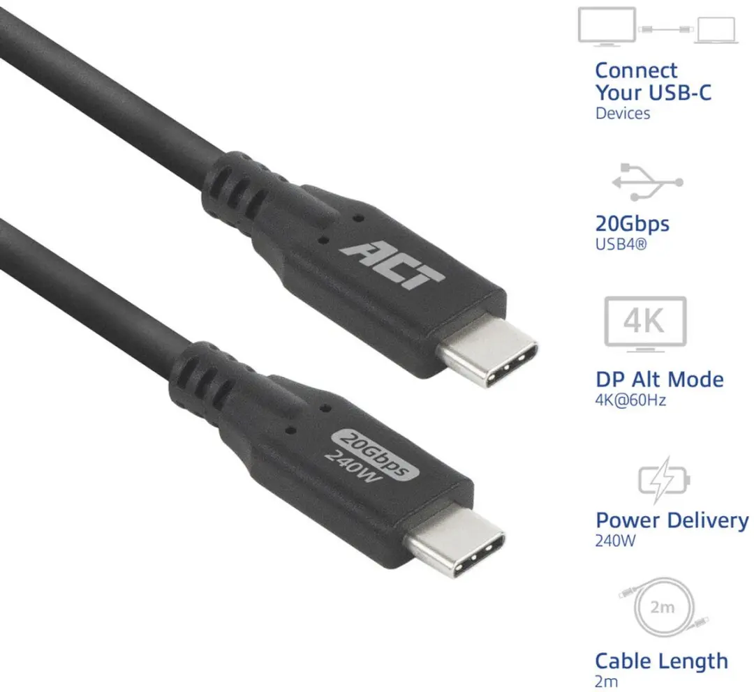 ACT USB4 AC7422 USB-C Kabel 2m - 20Gbps 240W - Zwart