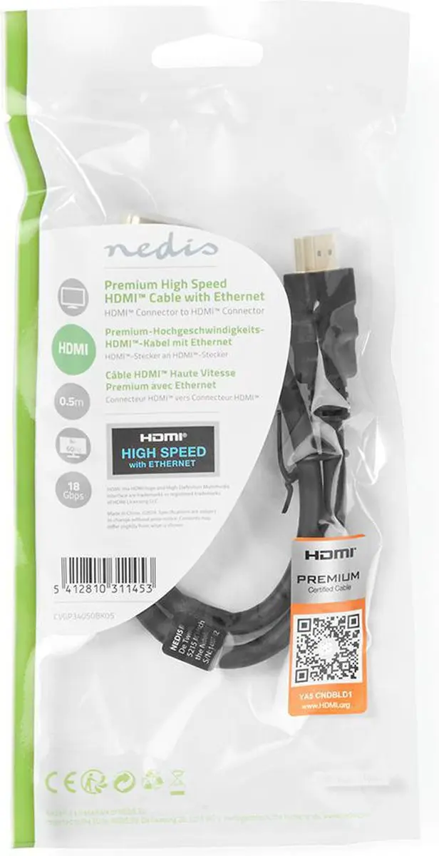 Nedis Premium HDMI-Kabel CVGP34050BK10 4K@60Hz - 1m - Zwart