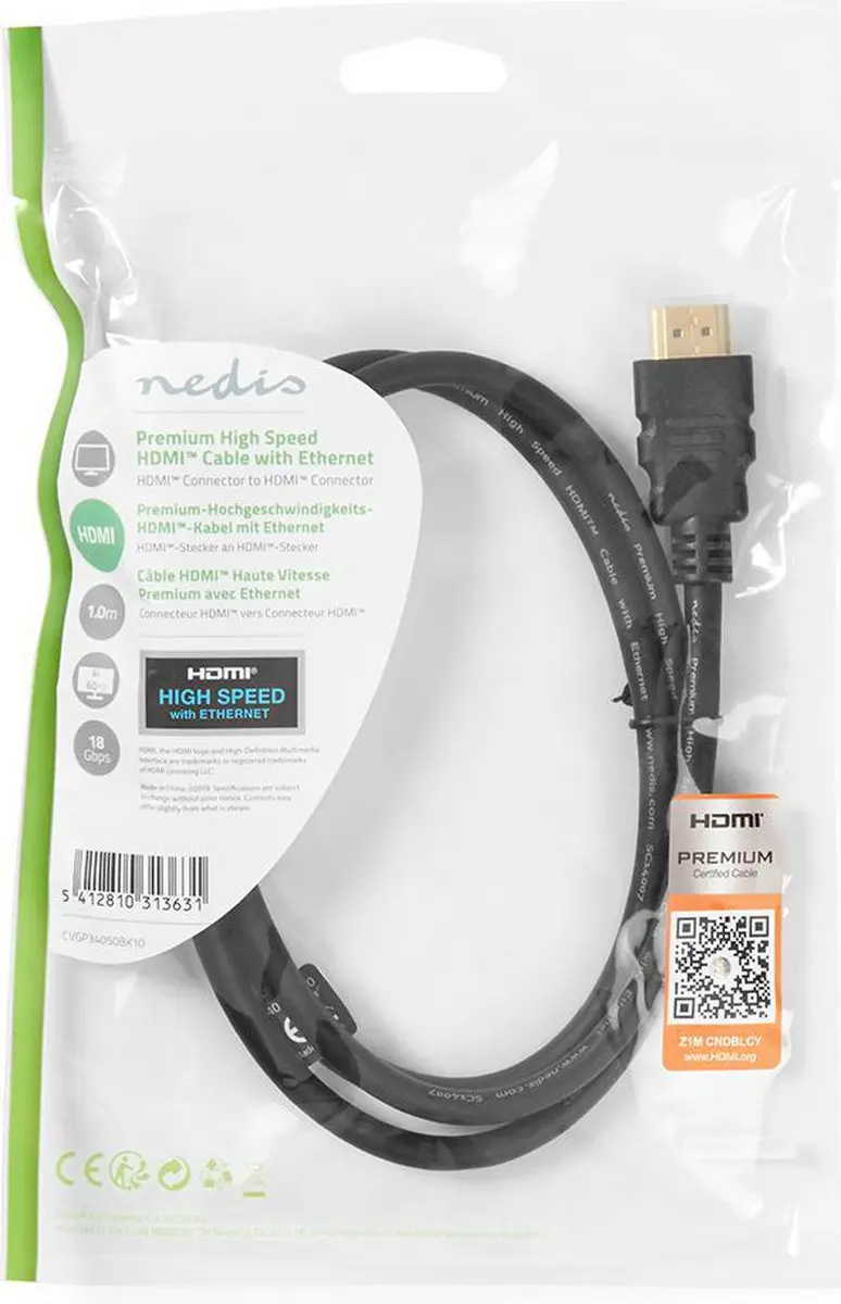 Nedis Premium HDMI-Kabel CVGP34050BK10 4K@60Hz - 1m - Zwart