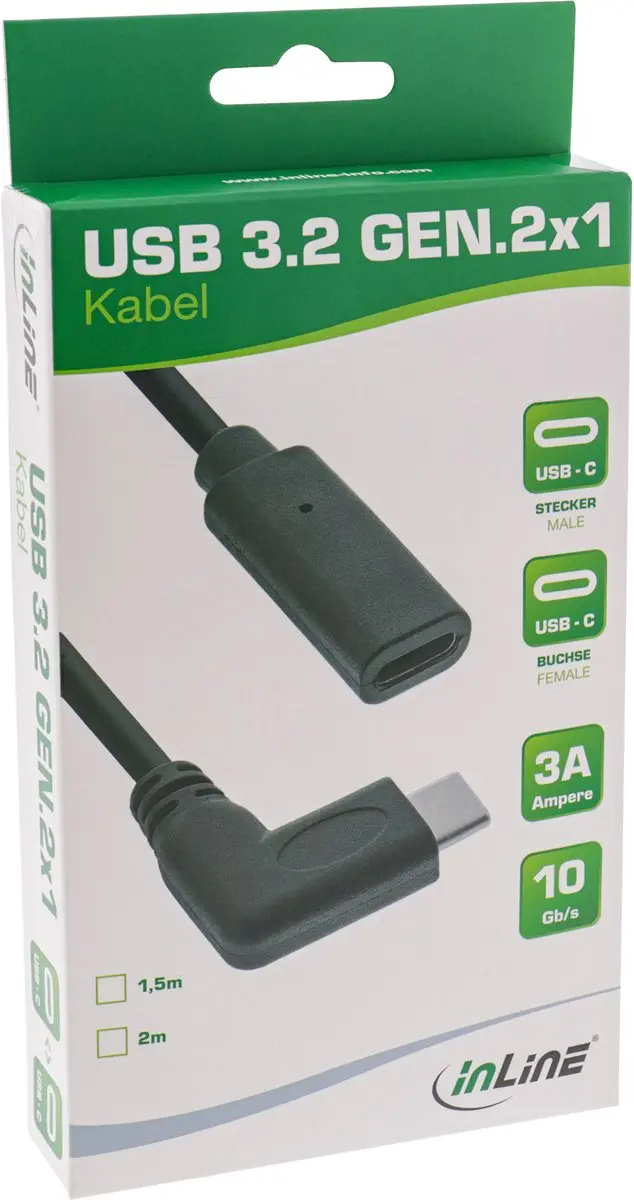 InLine USB-C Haaks Verlengkabel 2m - USB3.0 - 20V/3A