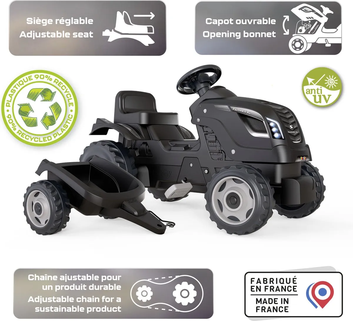 Smoby Farmer XL Tractor met trailer - Zwart