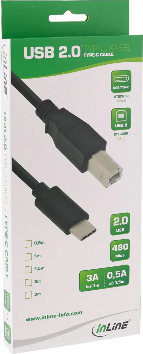 InLine USB-C naar USB-B Kabel 2.0 - 0,5m - 3A - Zwart