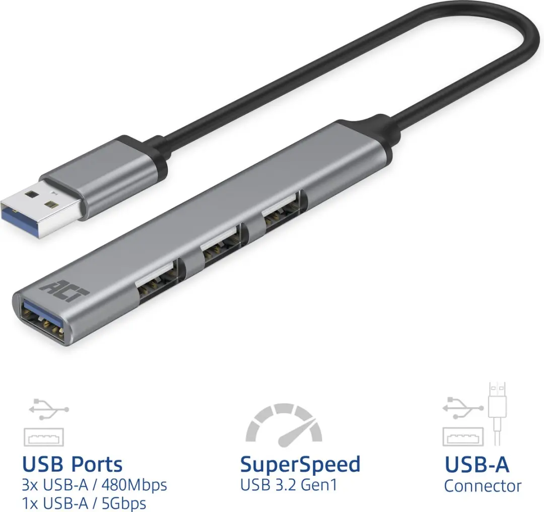 ACT AC6325 USB-Hub - 3x USB-A 2.0 + 1x USB-A 3.0 Grijs